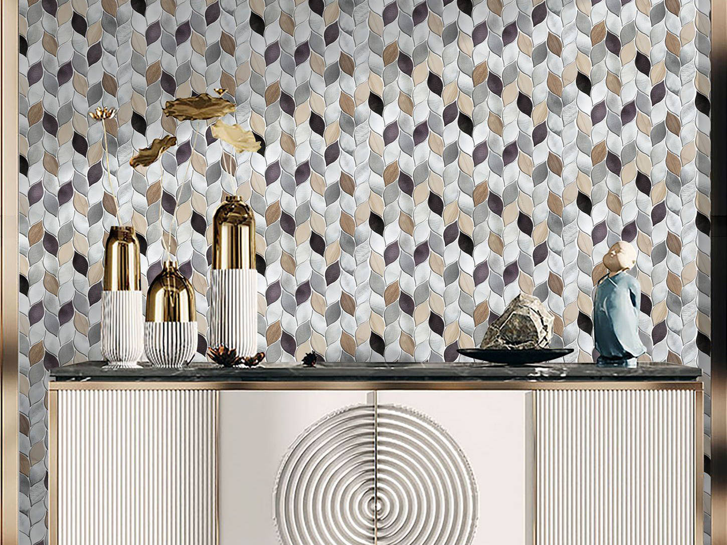 Aluminum & Marble Leaves Silver Grey Brown Mosaic 11 | Aromaz Home