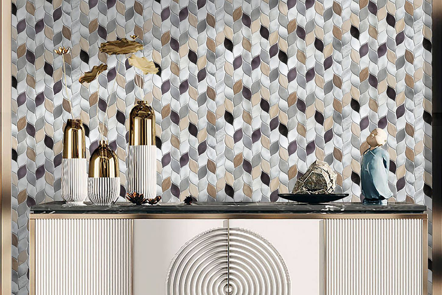 Aluminum & Marble Leaves Silver Grey Brown Mosaic 11 | Aromaz Home